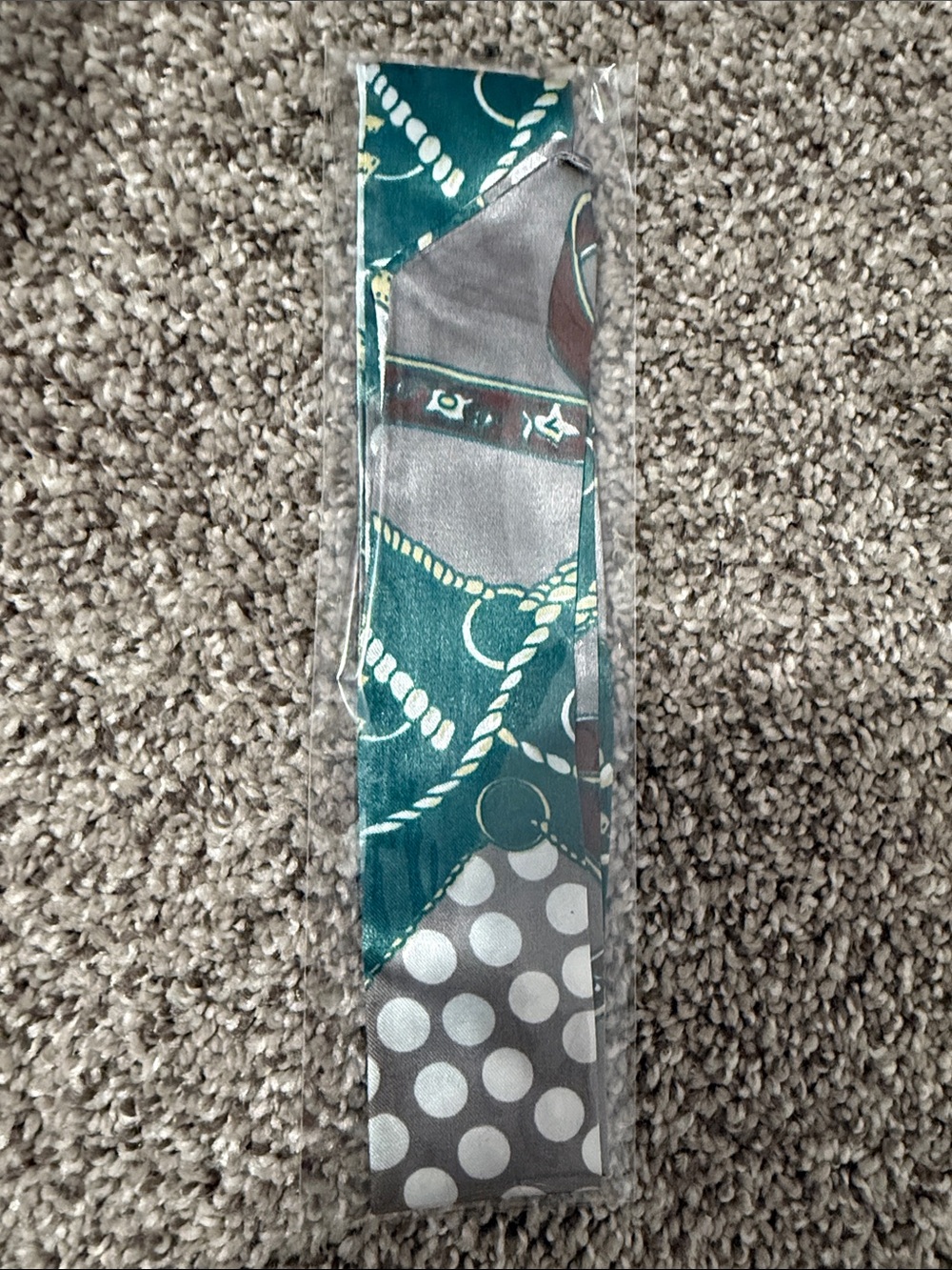 Silk Scarf Twilly in Teal, Gray and White